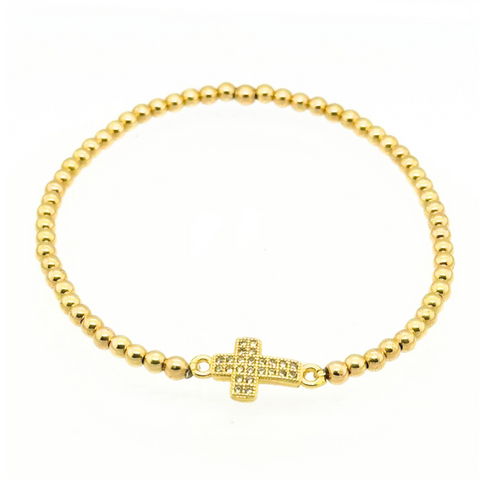 "PAVE CROSS" Gold Filled Ball Beaded Bracelet