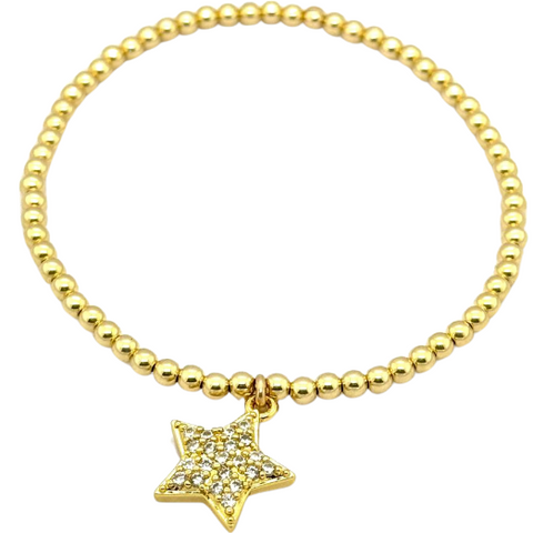 "BIG STAR" CZ Charm Gold Filled Ball Beaded Bracelet