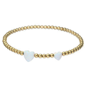 "DOUBLE OPAL HEART" Charm and Gold Filled Ball Beaded Bracelet