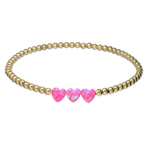 "TRIPLE OPAL HEART" Charm and Gold Filled Ball Beaded Bracelet