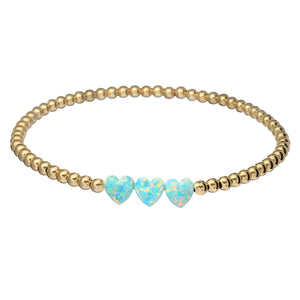 "TRIPLE OPAL HEART" Charm and Gold Filled Ball Beaded Bracelet