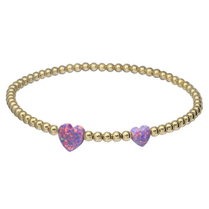 "DOUBLE OPAL HEART" Charm and Gold Filled Ball Beaded Bracelet