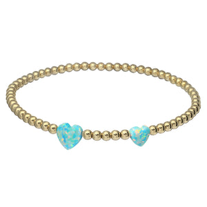 "DOUBLE OPAL HEART" Charm and Gold Filled Ball Beaded Bracelet