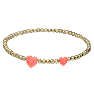 "DOUBLE OPAL HEART" Charm and Gold Filled Ball Beaded Bracelet