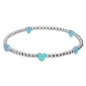 "HEART BTY" OPAL Charm on 3mm Ball Beaded Bracelet