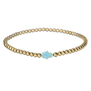 "HAND" Small Opal Charm and Gold Filled Ball Beaded Bracelet