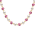 Necklace with alternating white pearls and pink porcelain beads on a white background
