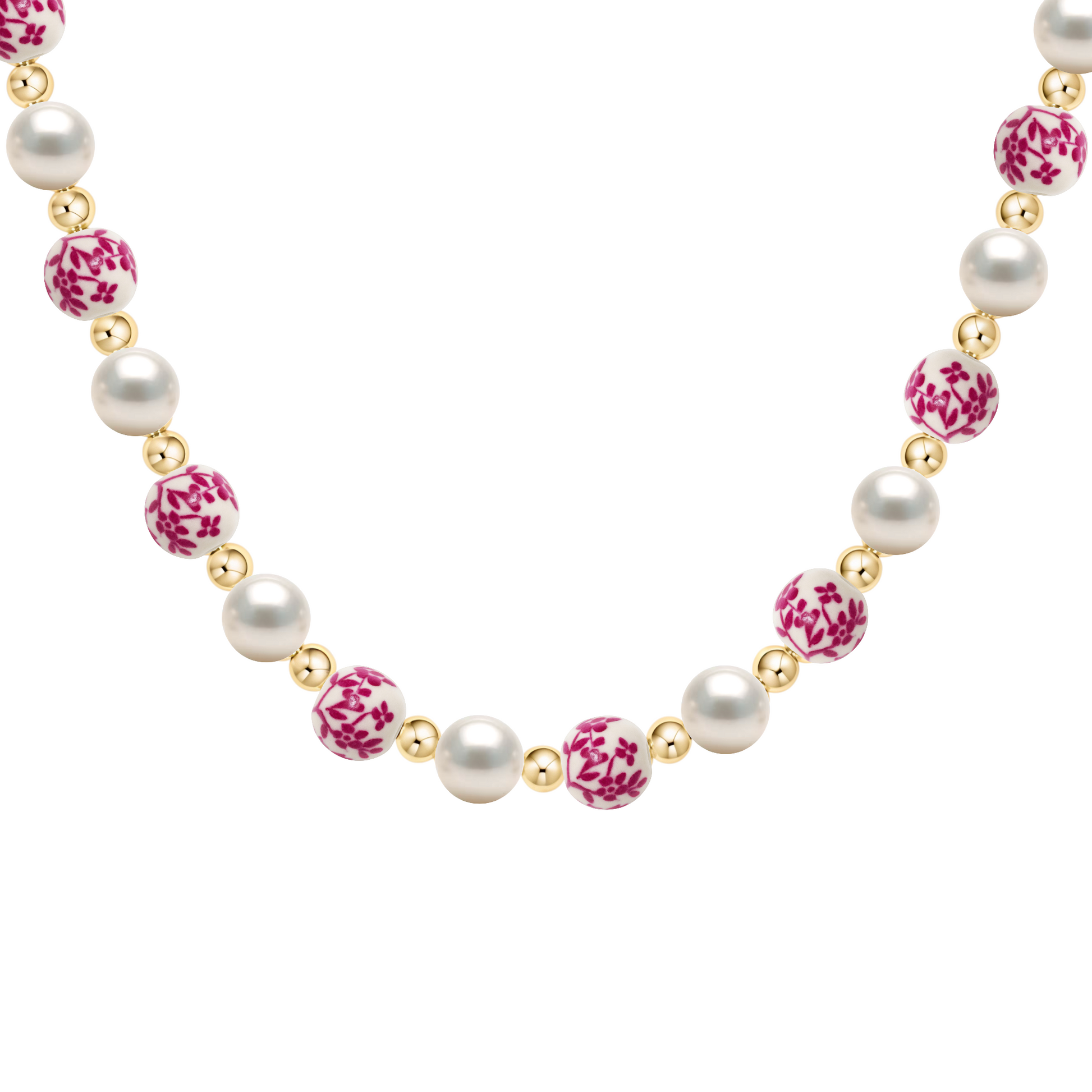 Necklace with alternating white pearls and pink porcelain beads on a white background