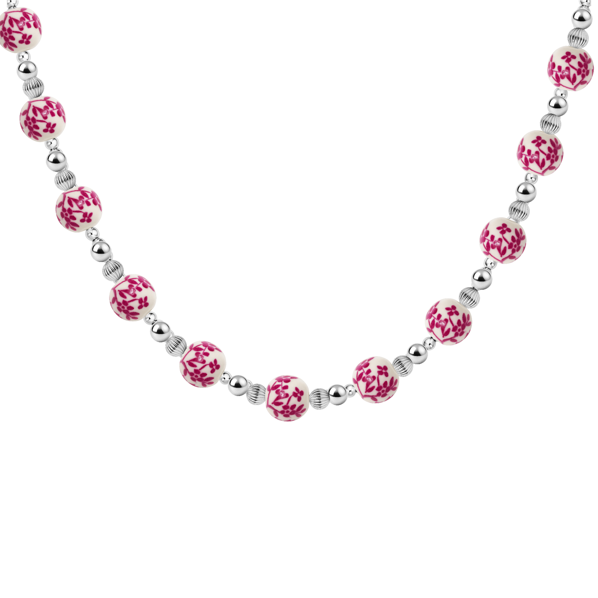 Necklace with pink porcelain beads and silver accents on a white background