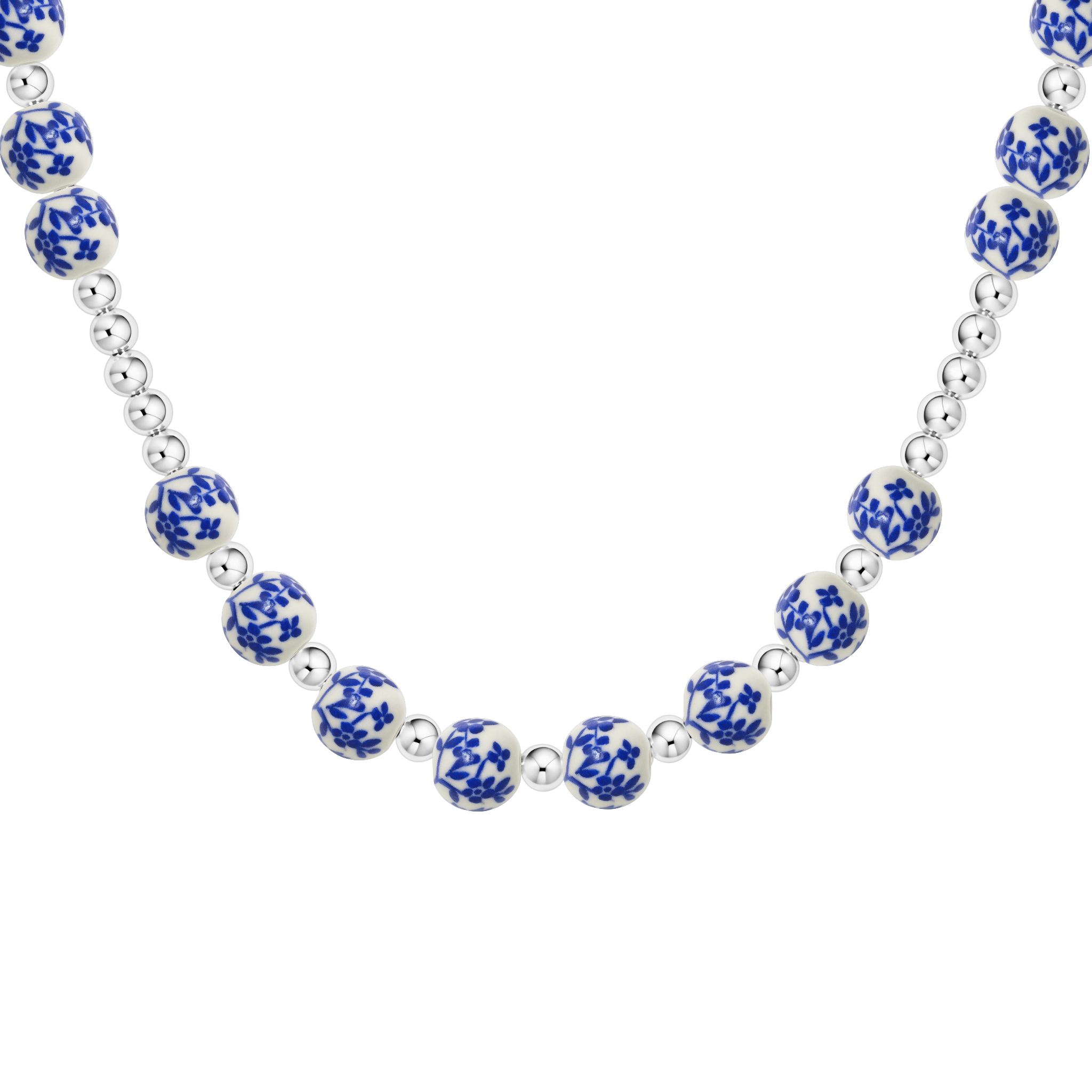Necklace with blue porcelain beads on a white background