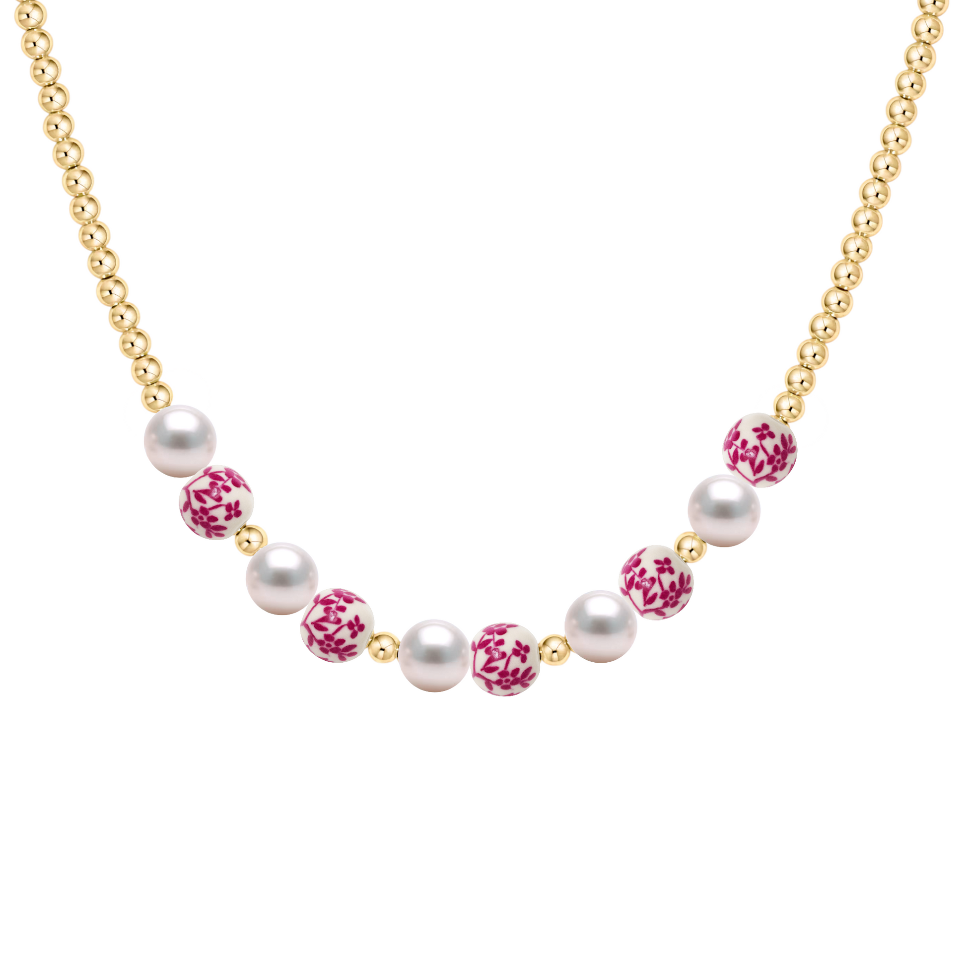Necklace with pearls and pink porcelain beads on a white background