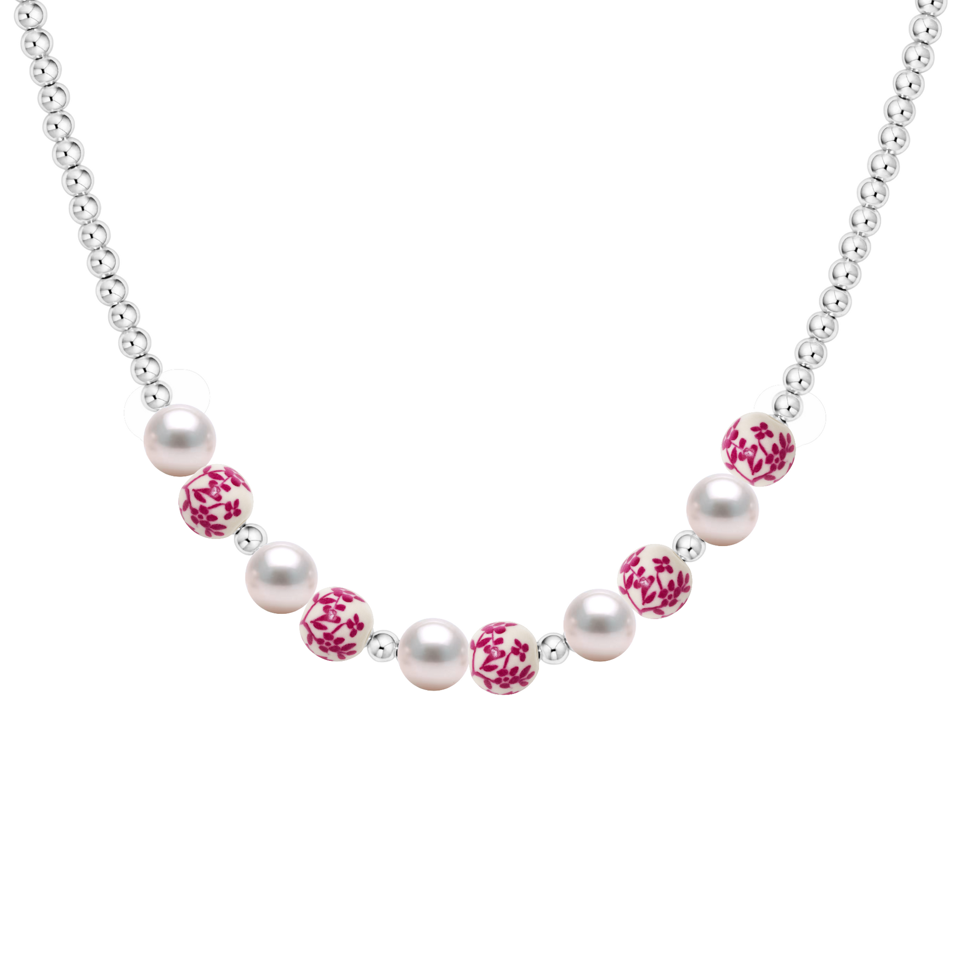 Necklace with pink porcelain beads and silver beads on a white background