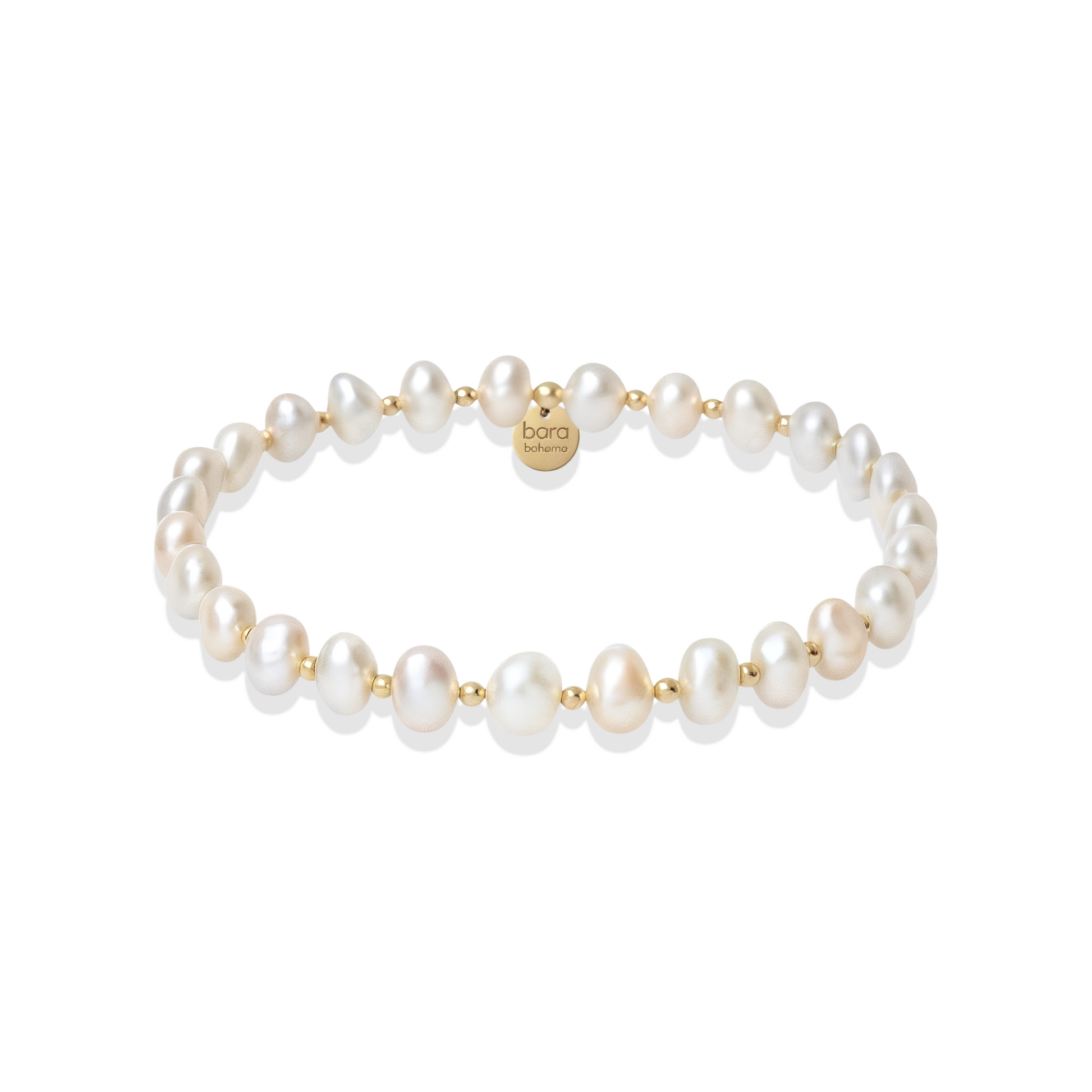 Pearl beaded bracelet with gold accents on a white background
