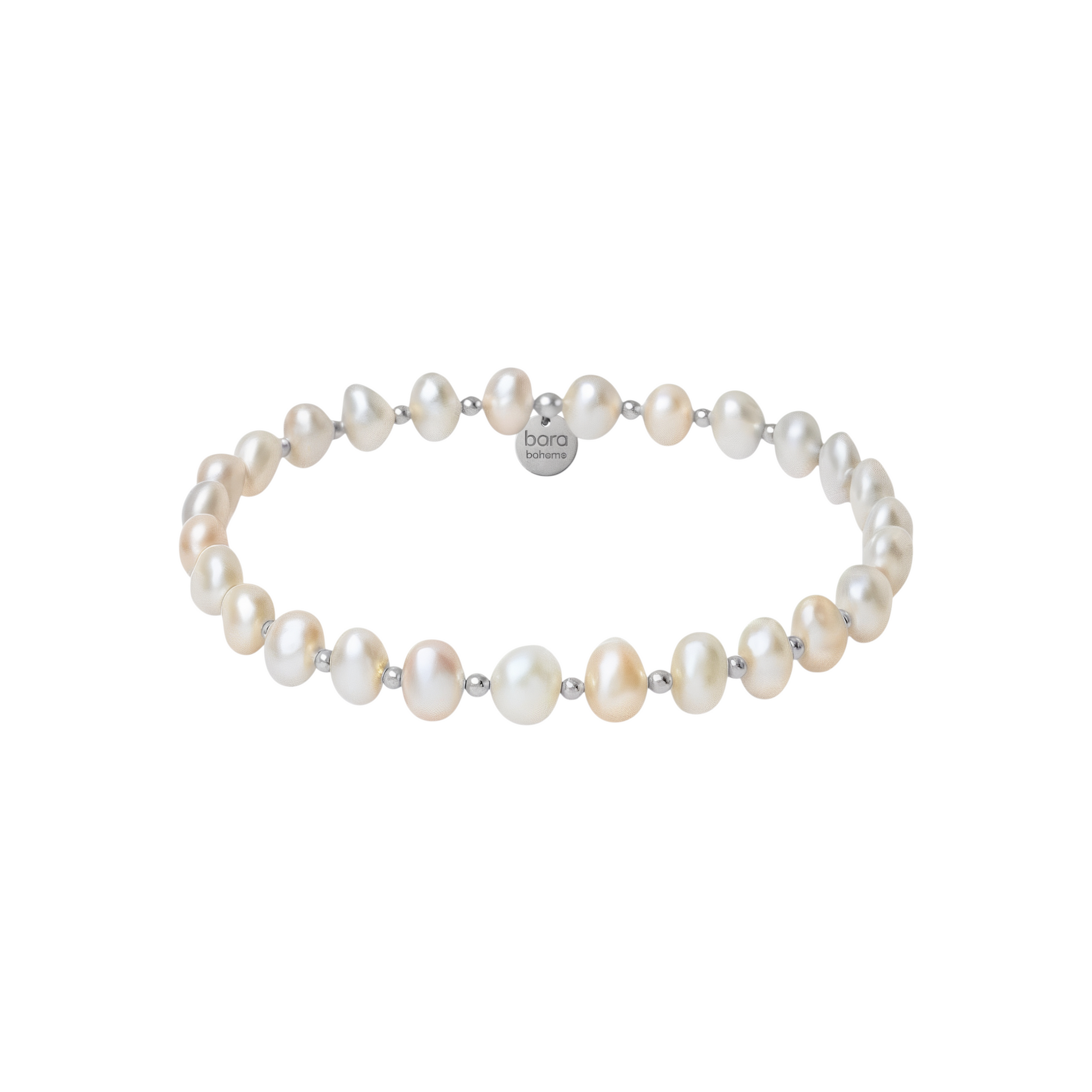Pearl beaded bracelet with silver beads on a white background
