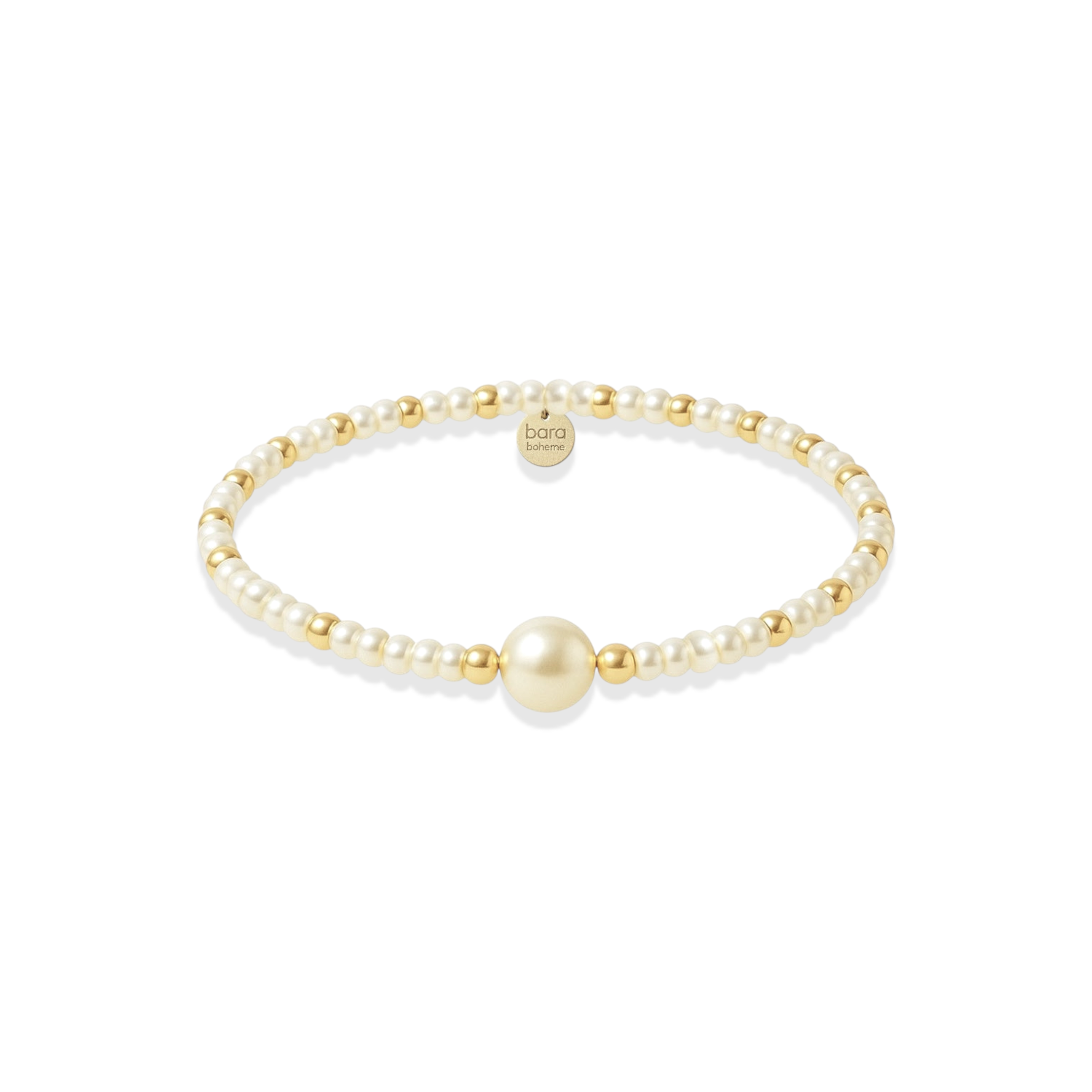 Pearl and gold beaded bracelet on a white background