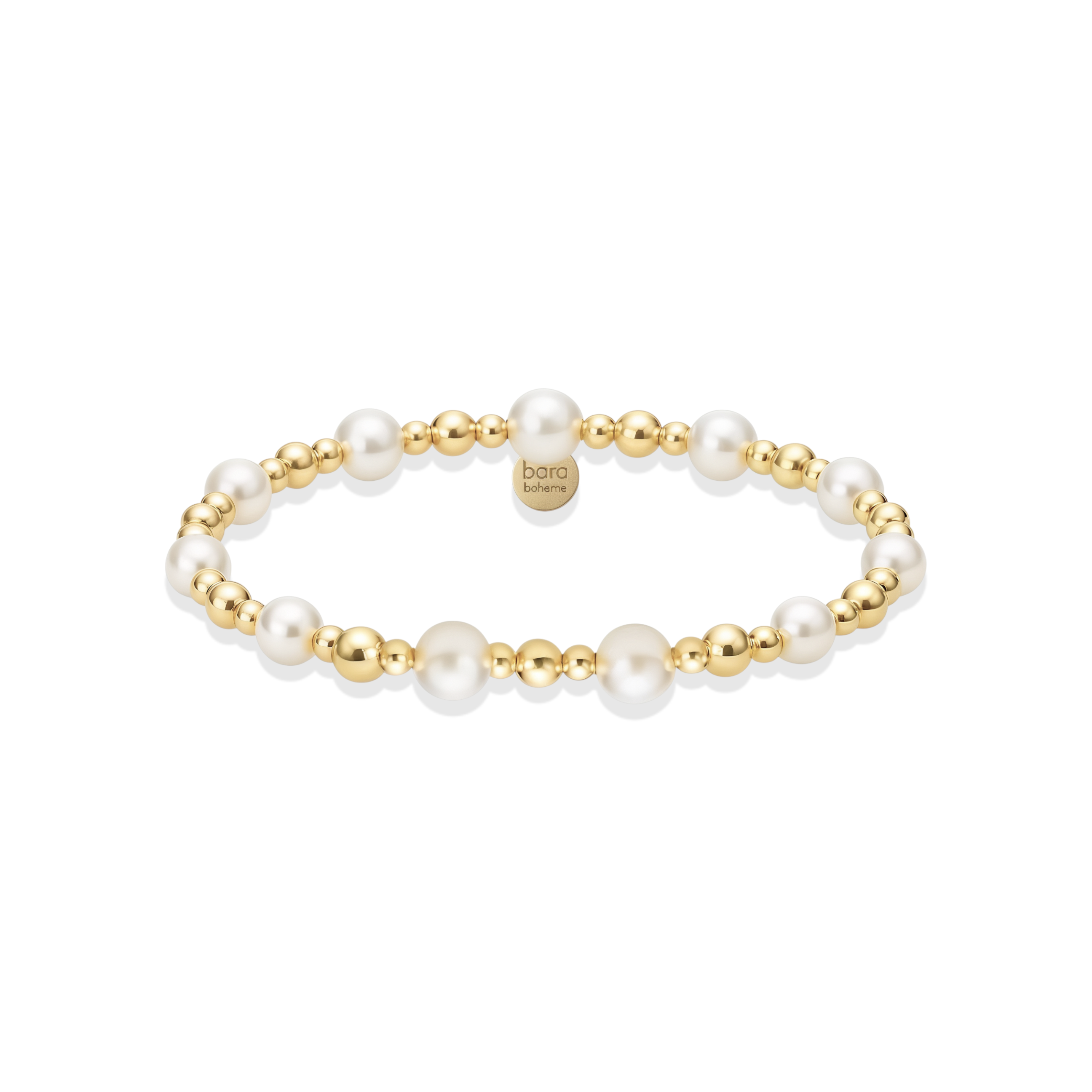 Pearl and gold beaded bracelet on a white background