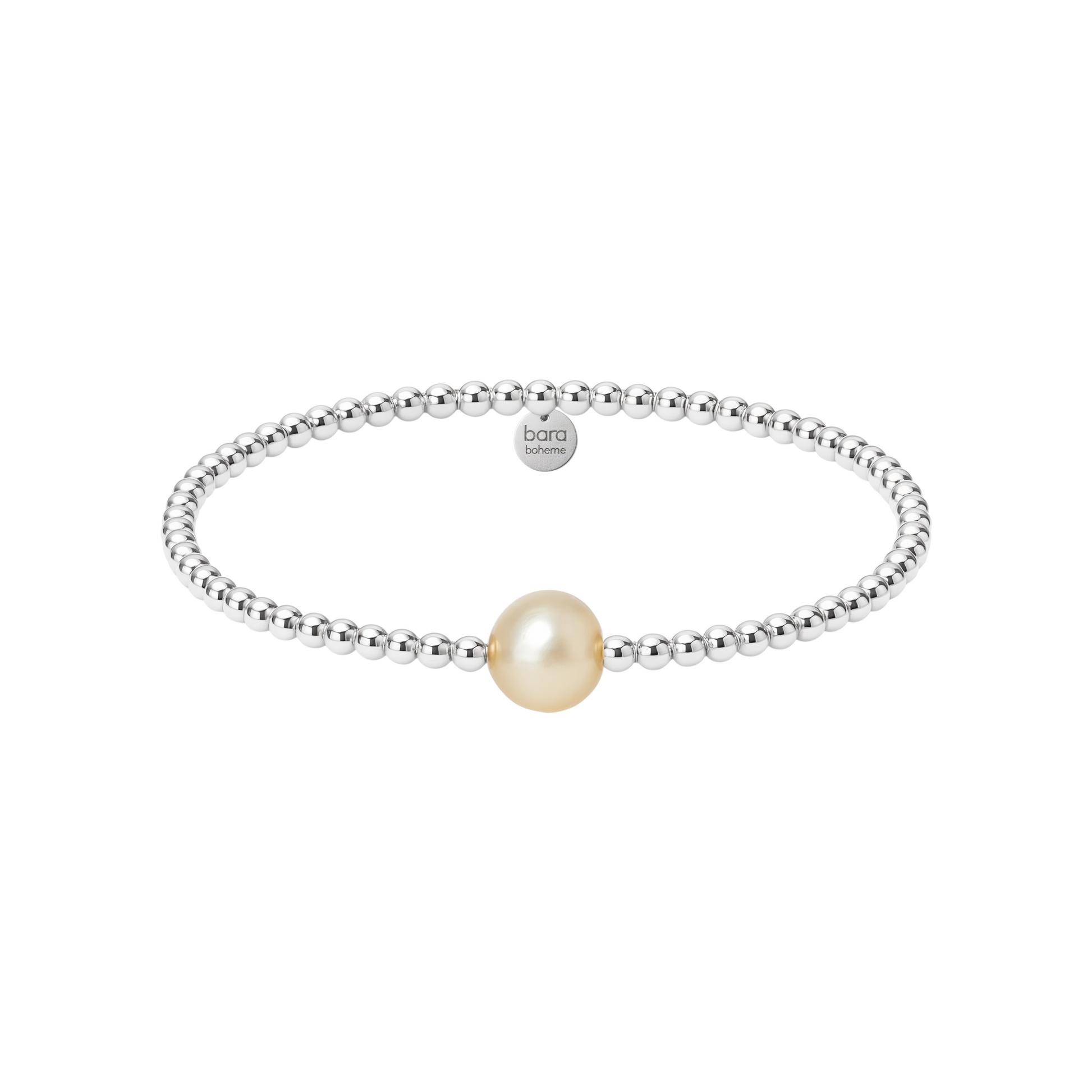 Silver beaded bracelet with a single pearl on a white background