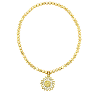"SUN FLOWER" Pave Charm Gold Filled Ball Bead Bracelet