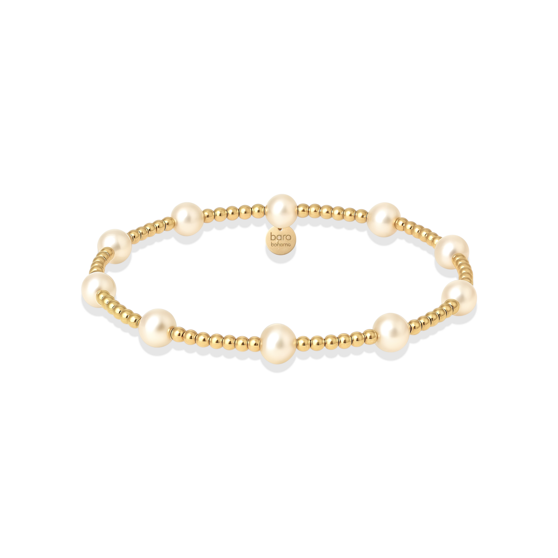 Gold beaded bracelet with pearls on a white background