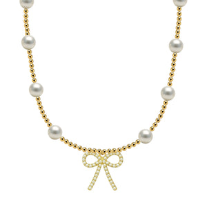 Bara + Pearl Bow Gold Filled Beaded Necklace
