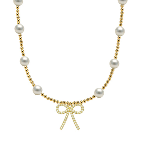 Bara + Pearl Bow Gold Filled Beaded Necklace
