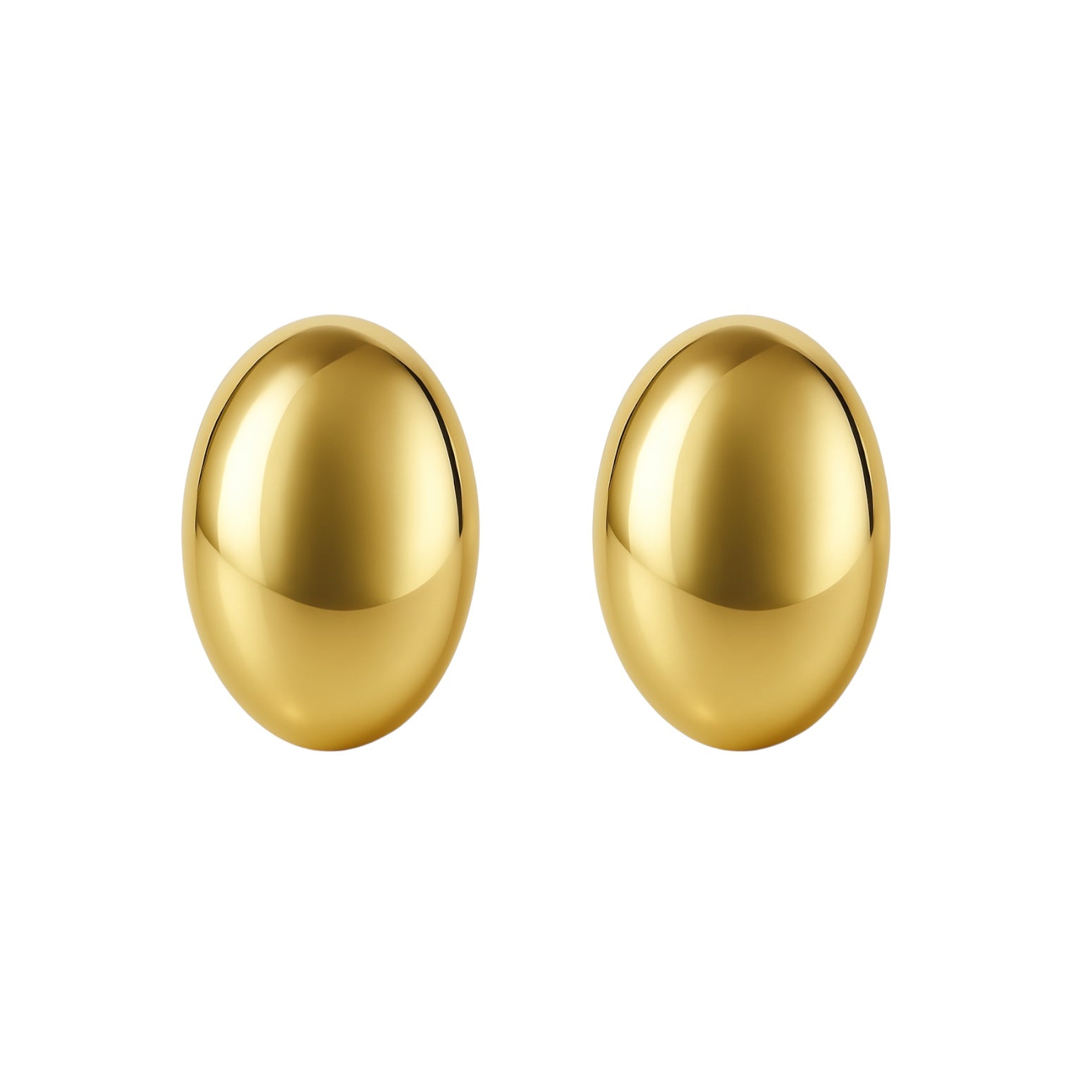 Pair of gold egg-shaped earrings on a white background