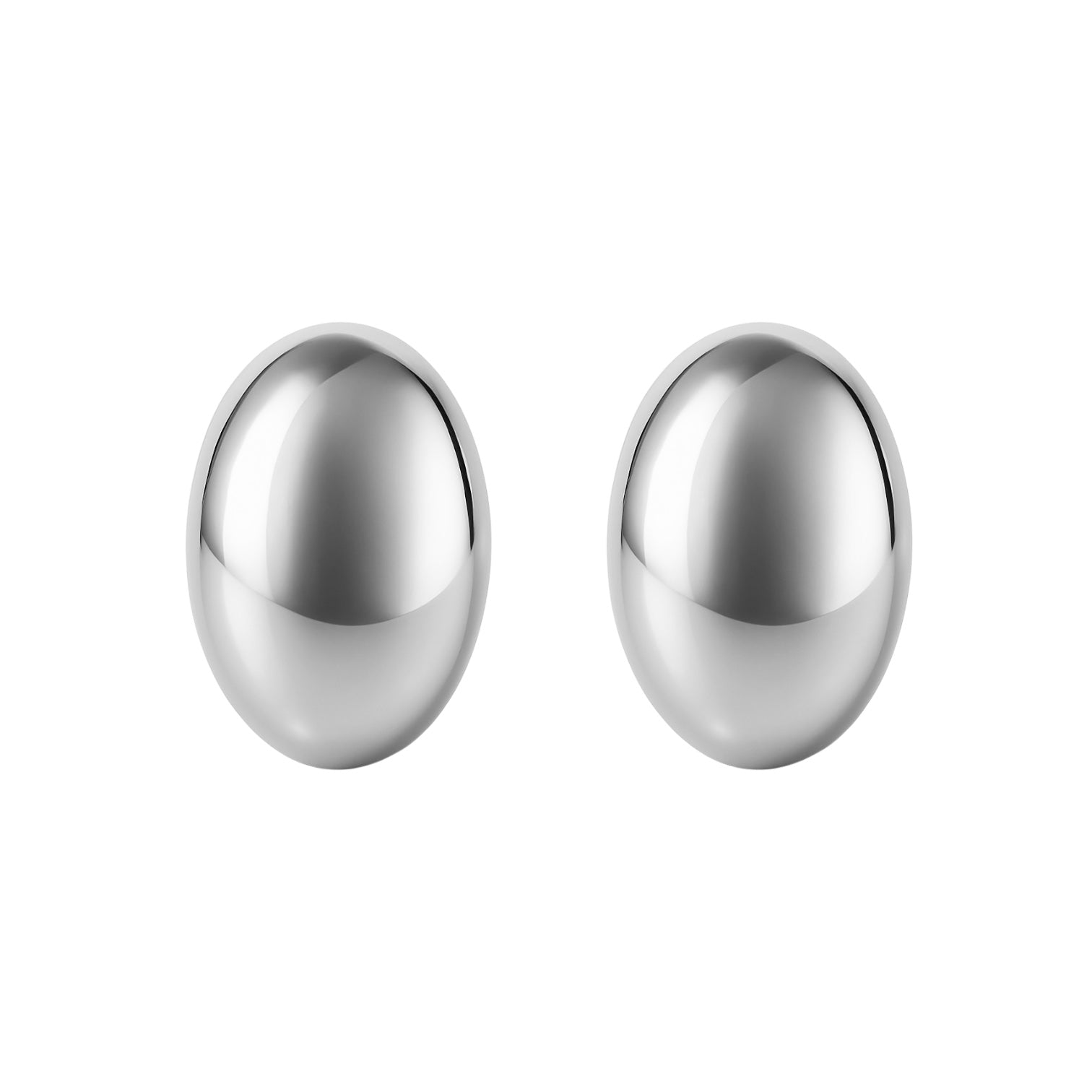 Pair of silver egg-shaped earrings on a white background