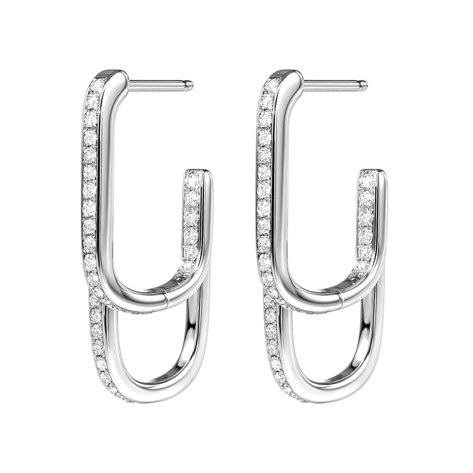 Silver hoop earrings with embedded stones on a white background
