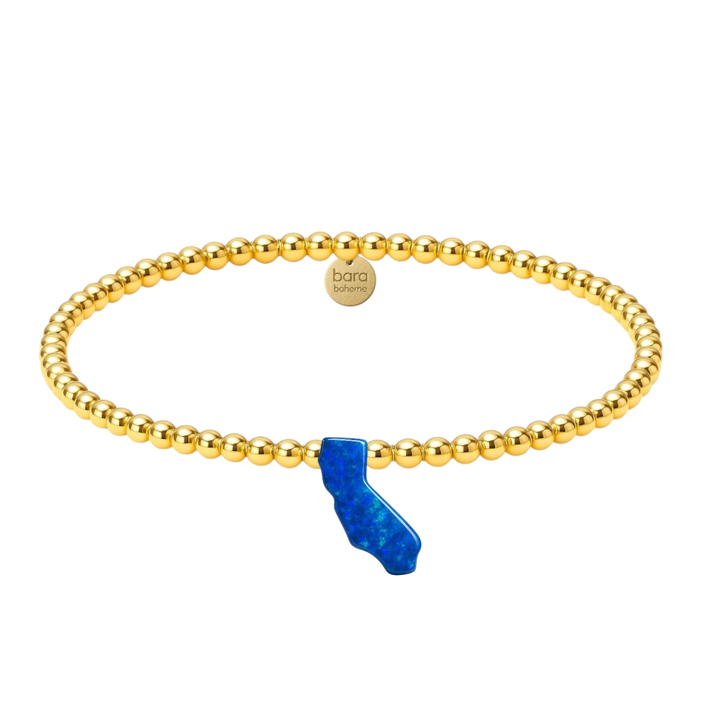Gold beaded bracelet with a blue accent on a white background