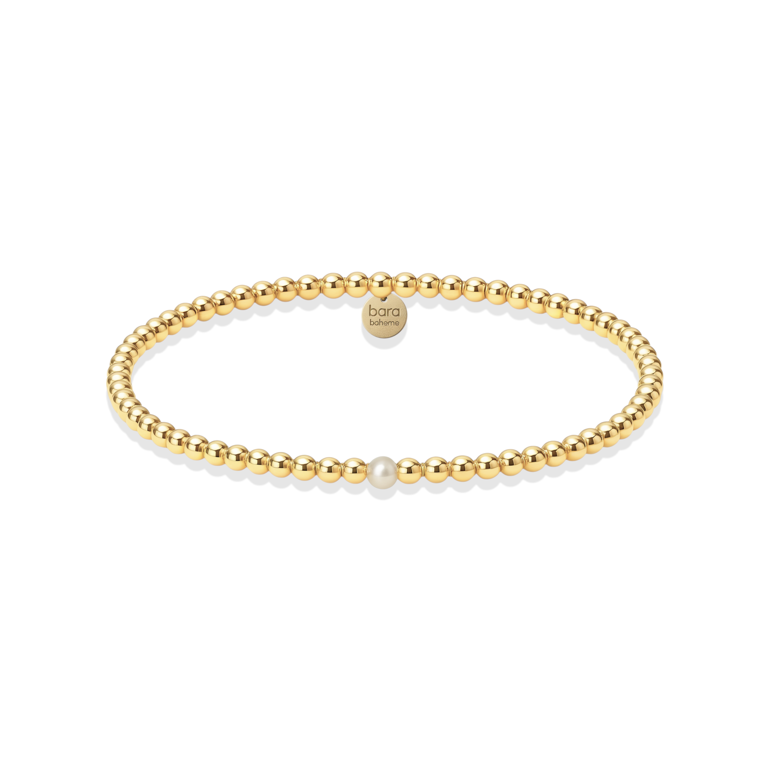 Gold beaded bracelet with a pearl on a white background