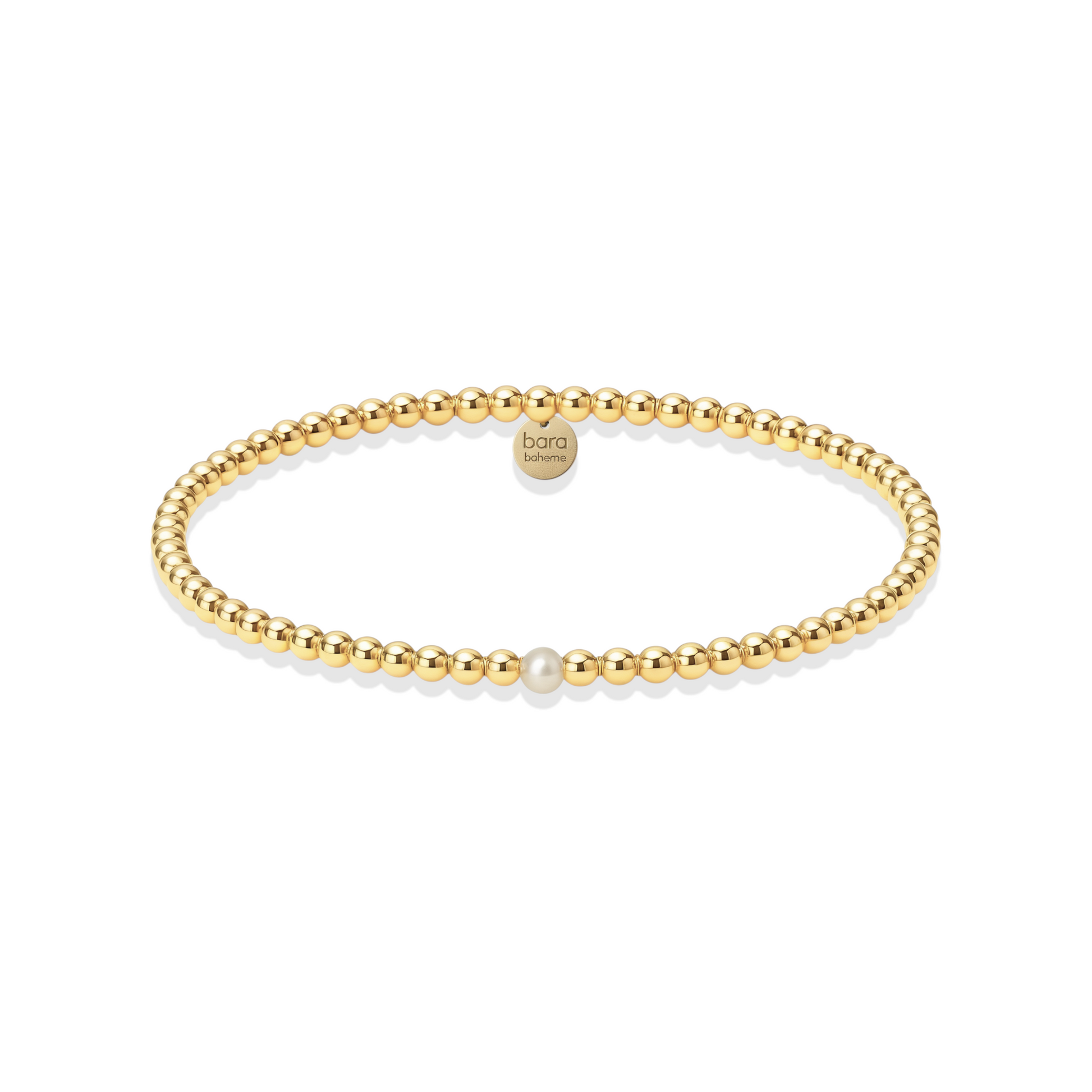 Gold beaded bracelet with a pearl on a white background