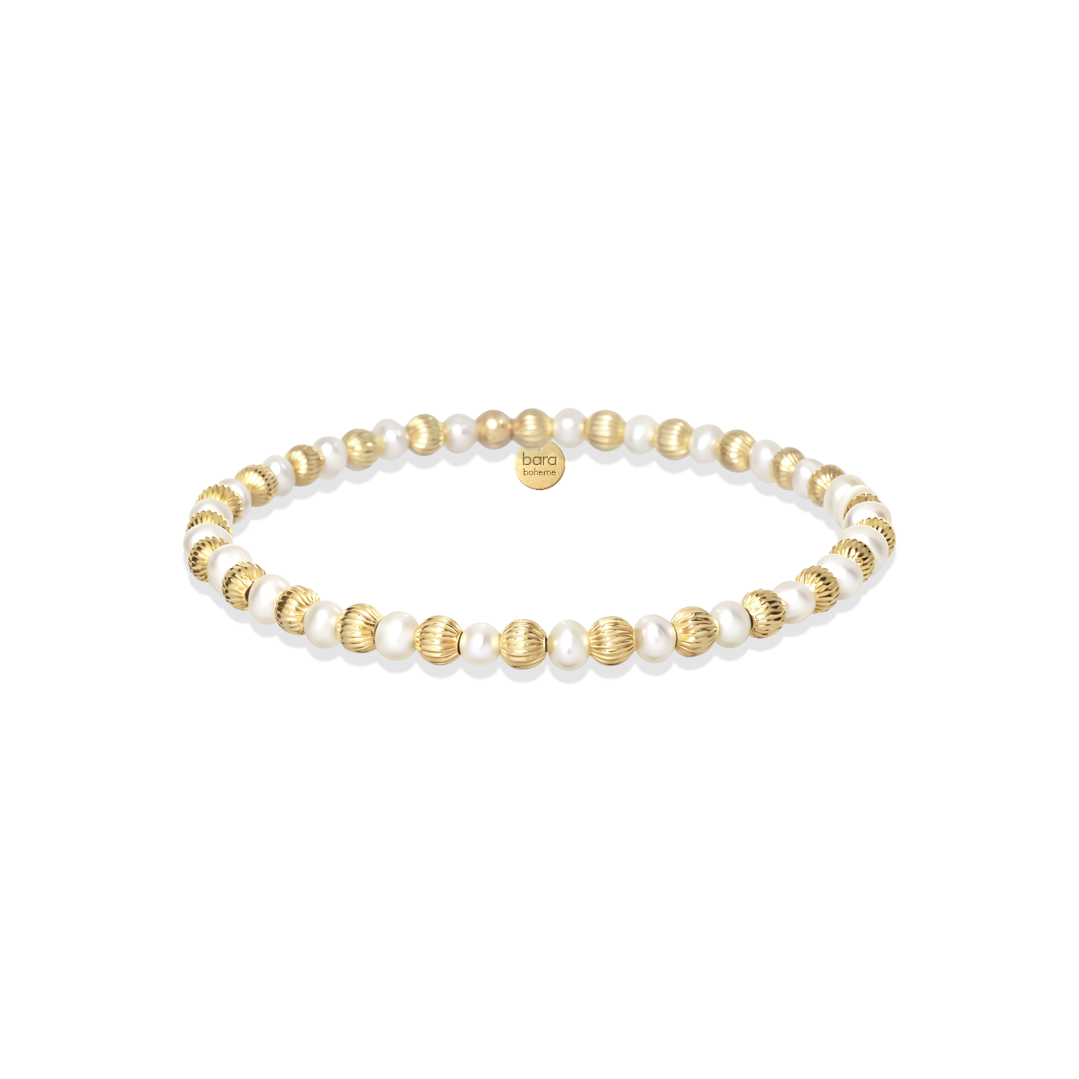 Gold and pearl beaded bracelet on a white background