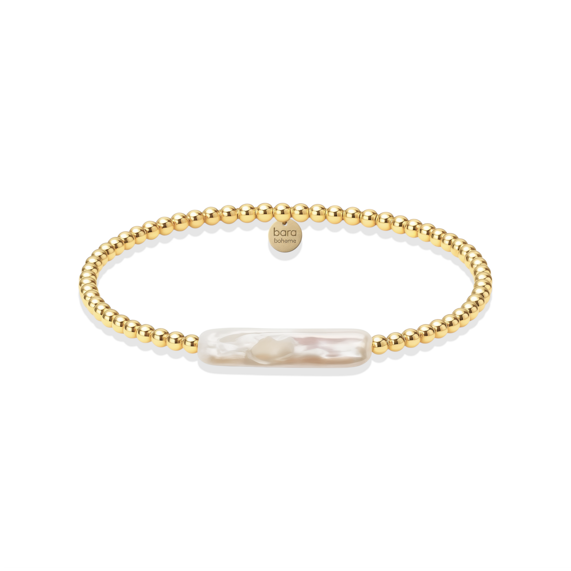 Gold beaded bracelet with a central pearl on a white background