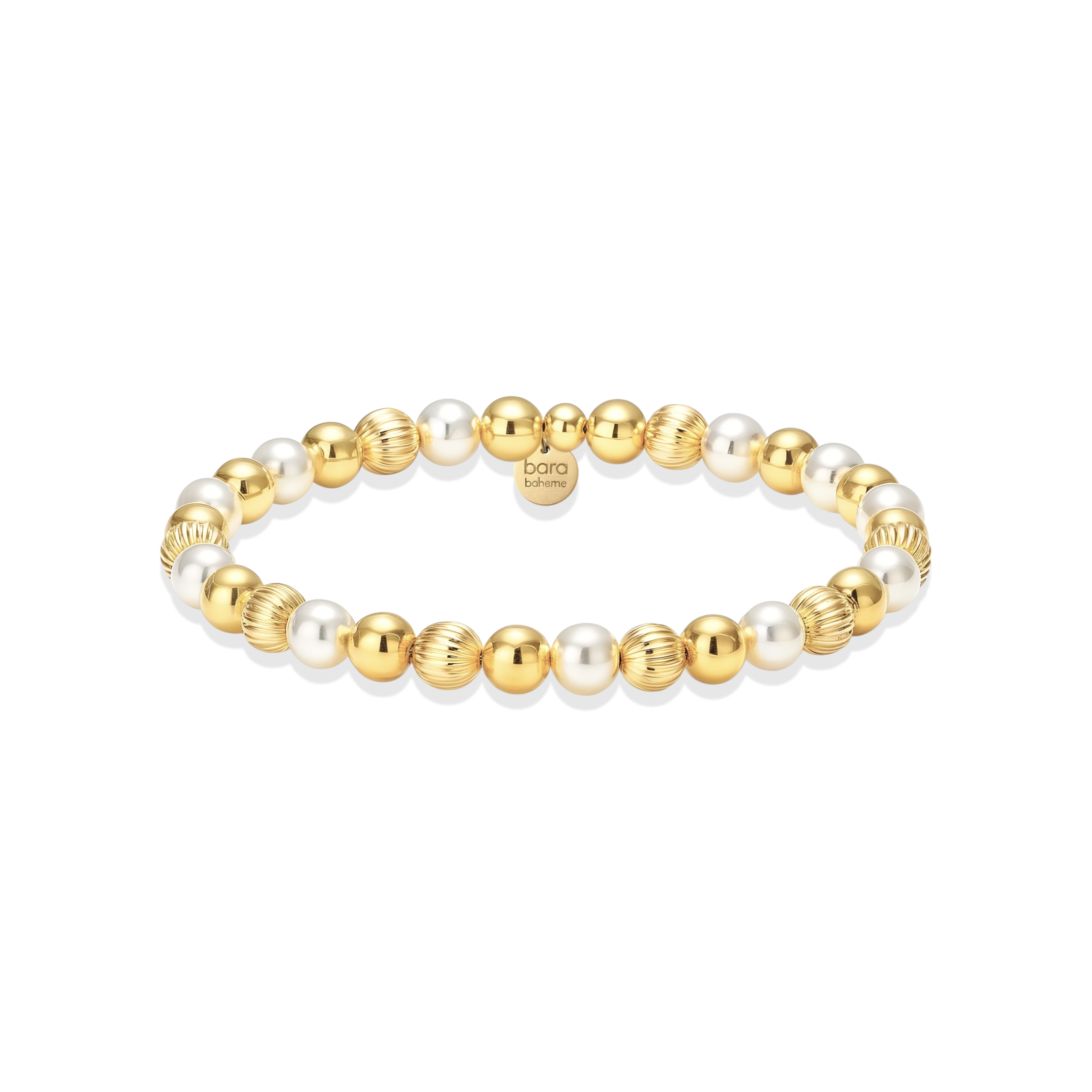 Gold and pearl beaded bracelet on a white background