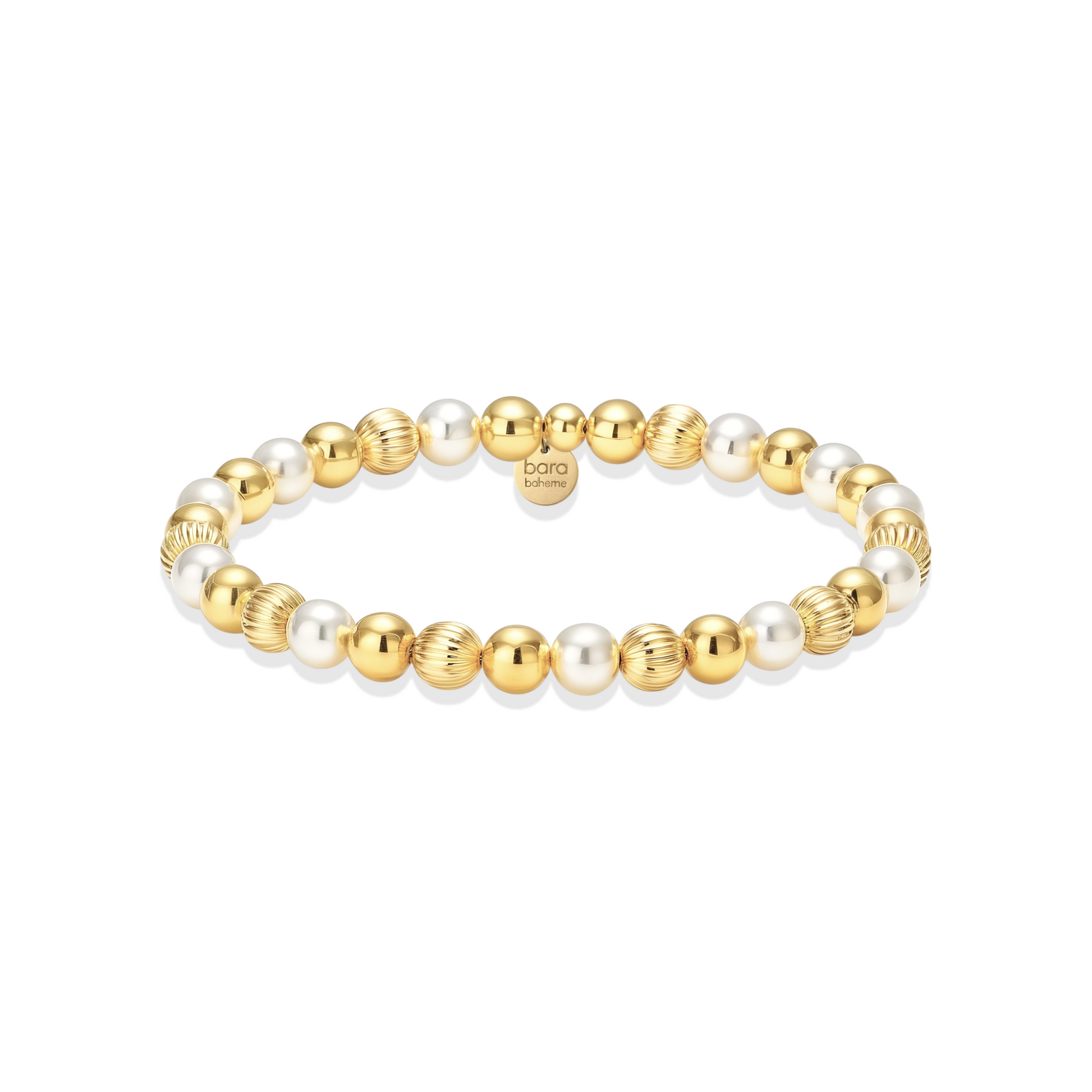 Gold and pearl beaded bracelet on a white background