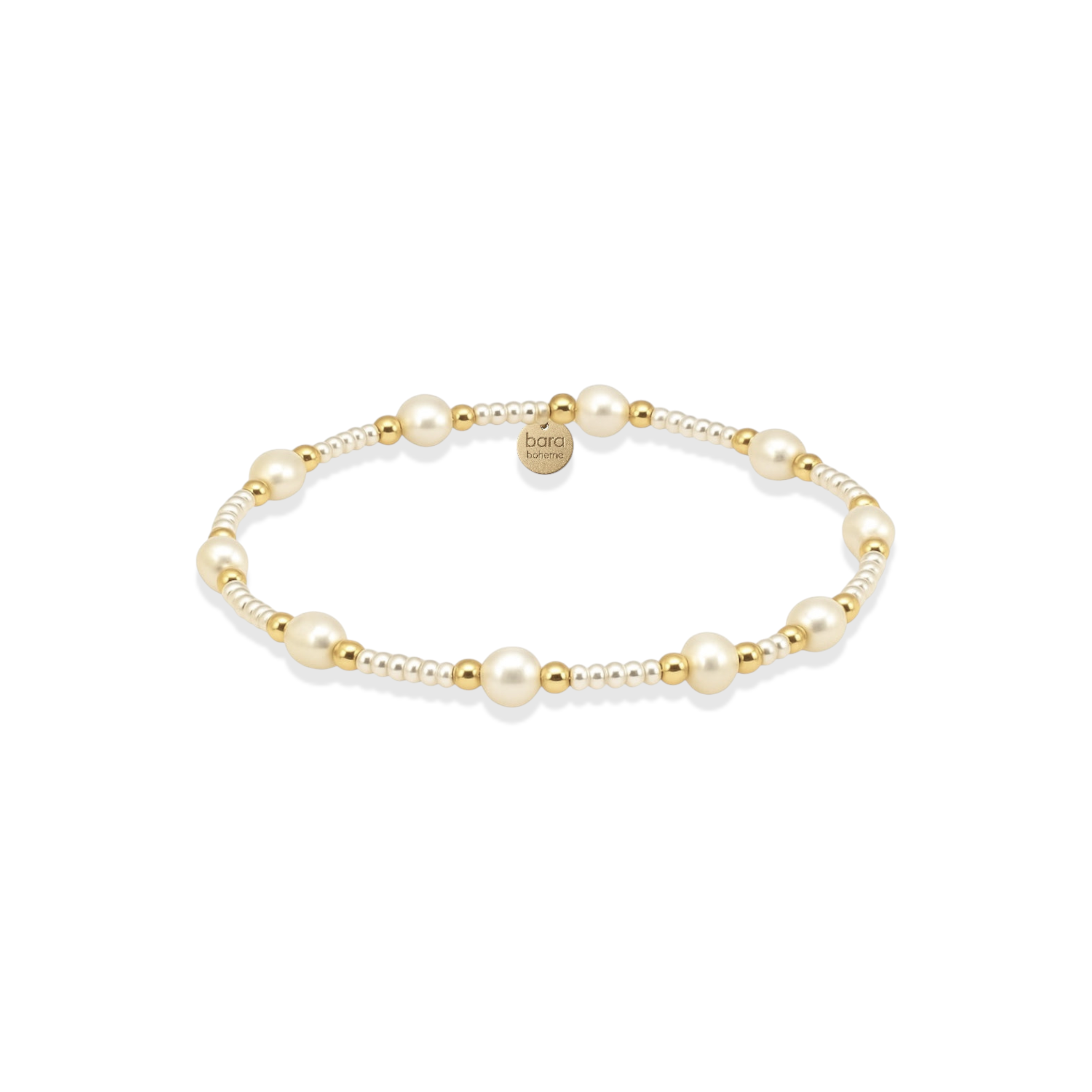 Pearl and gold beaded bracelet on a white background