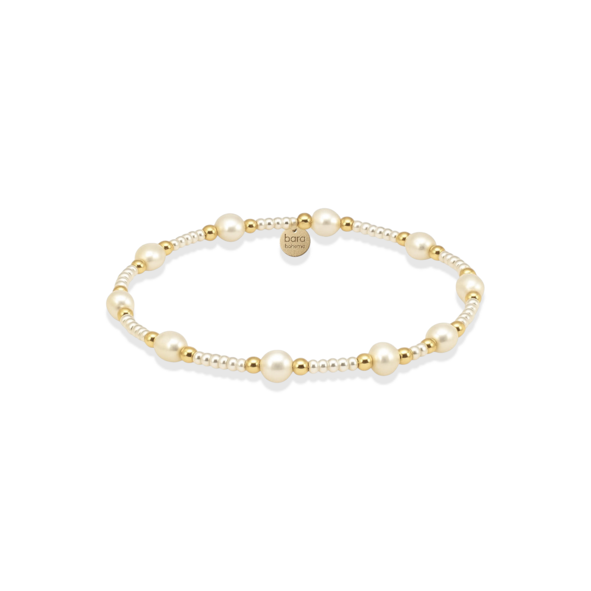 Pearl and gold beaded bracelet on a white background