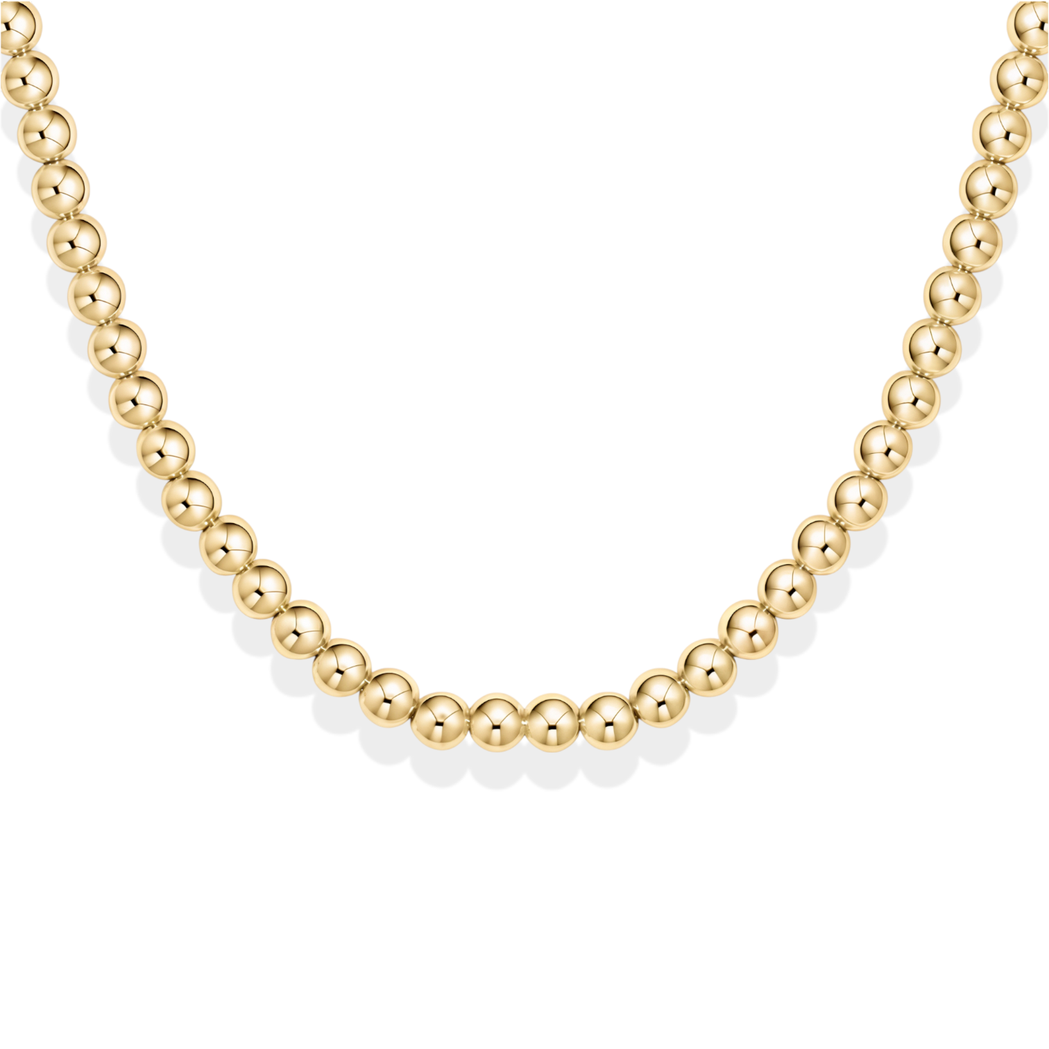 Gold beaded necklace on a white background