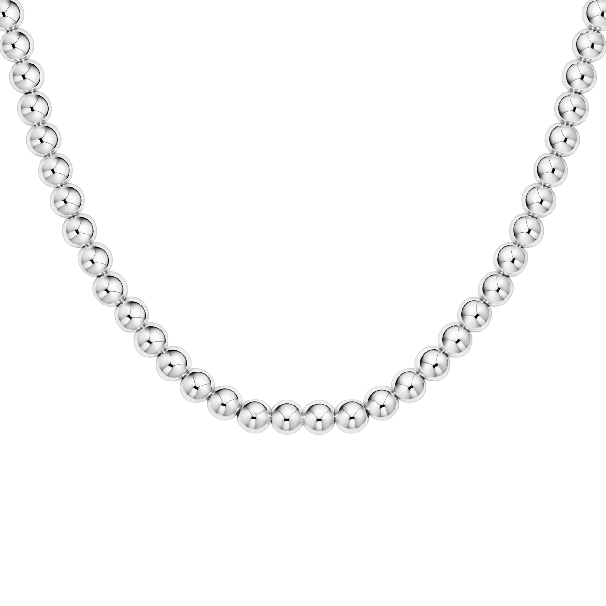 Silver beaded necklace on a white background