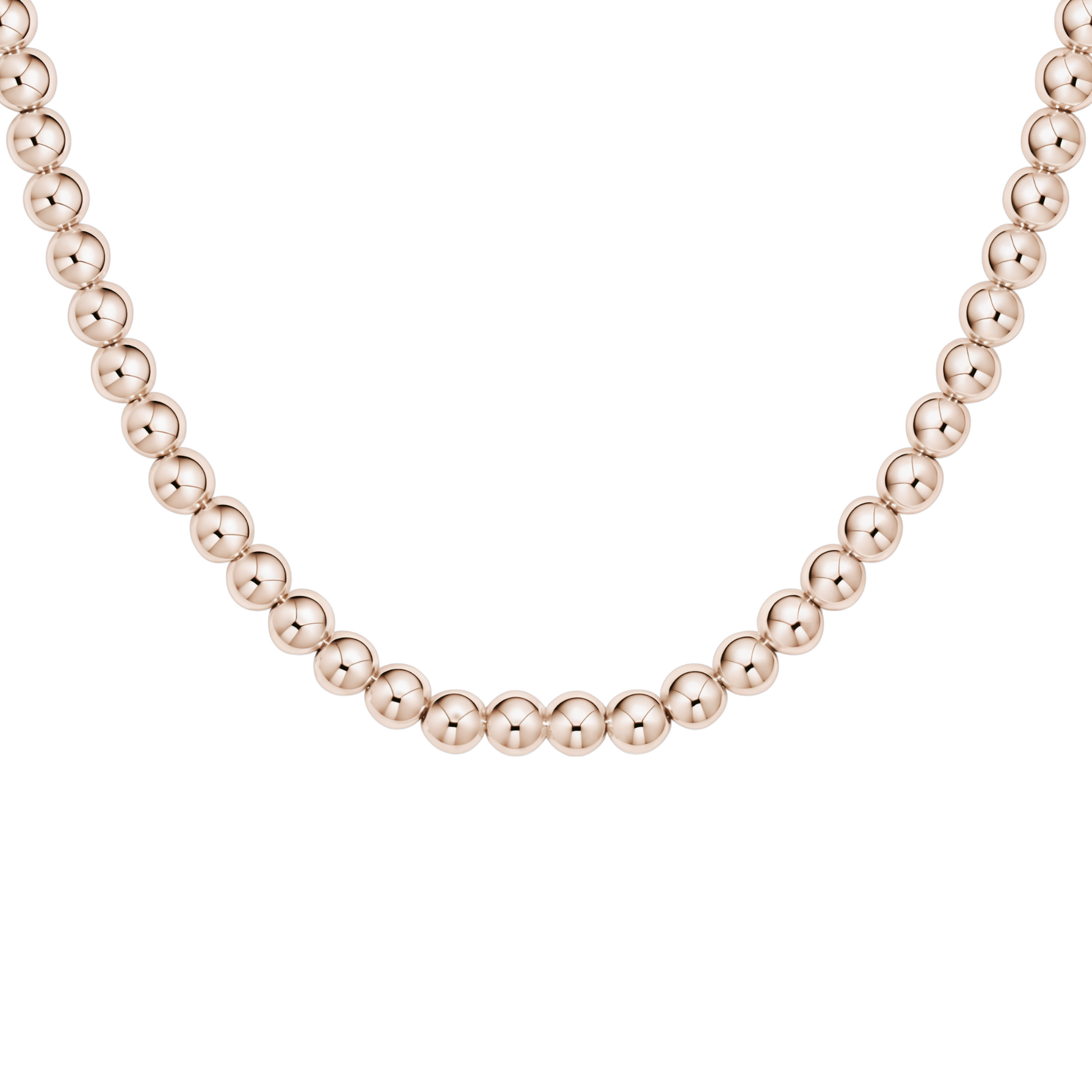 Rose gold beaded necklace on a white background