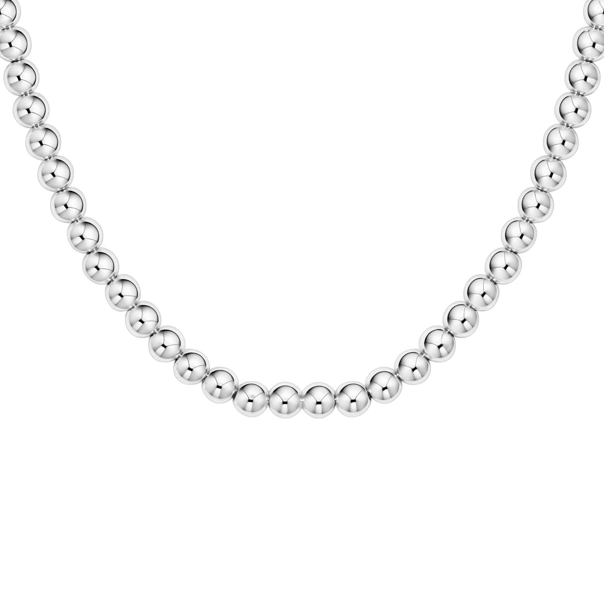 Silver beaded necklace on a white background