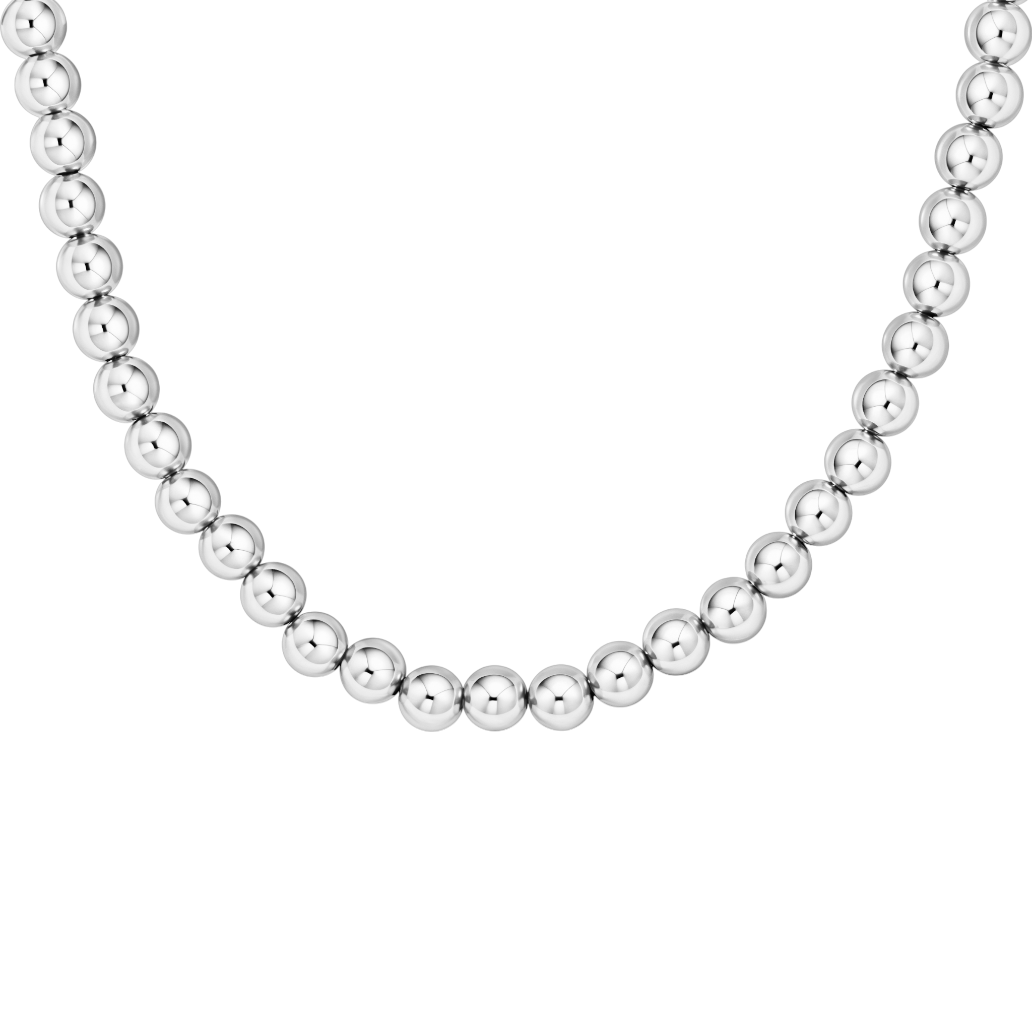 Silver beaded necklace on a white background