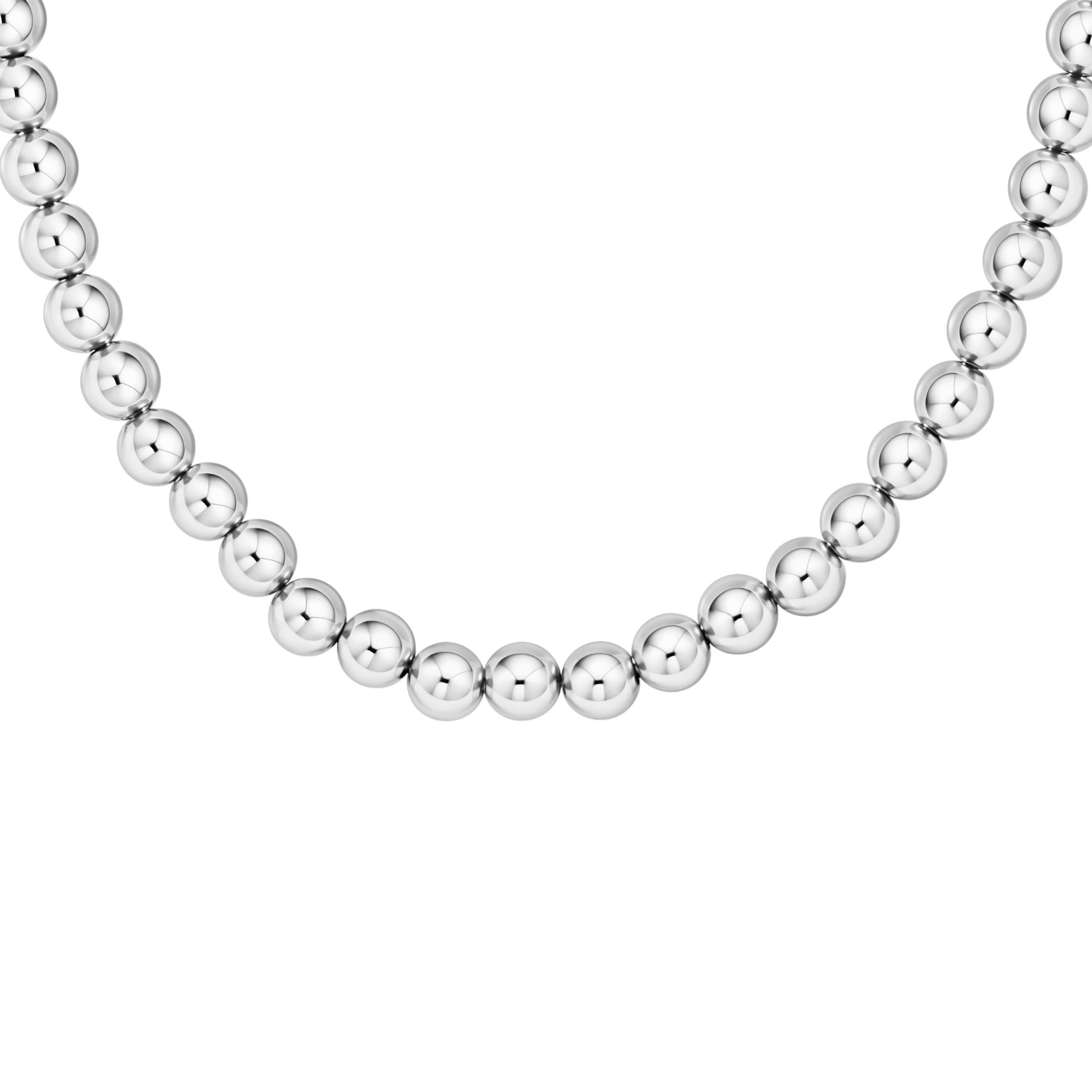 Silver beaded necklace on a white background