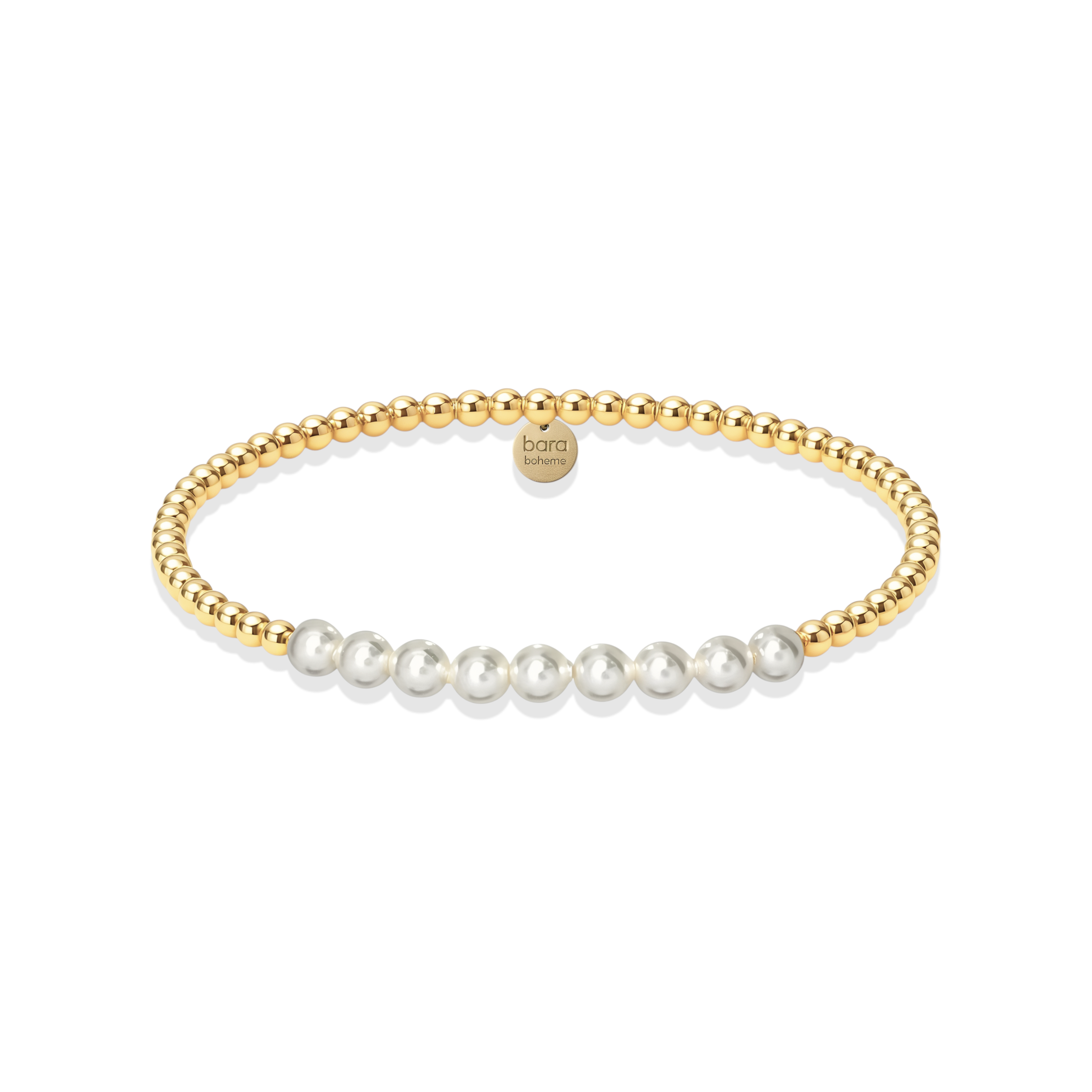 Gold beaded bracelet with pearls on a white background