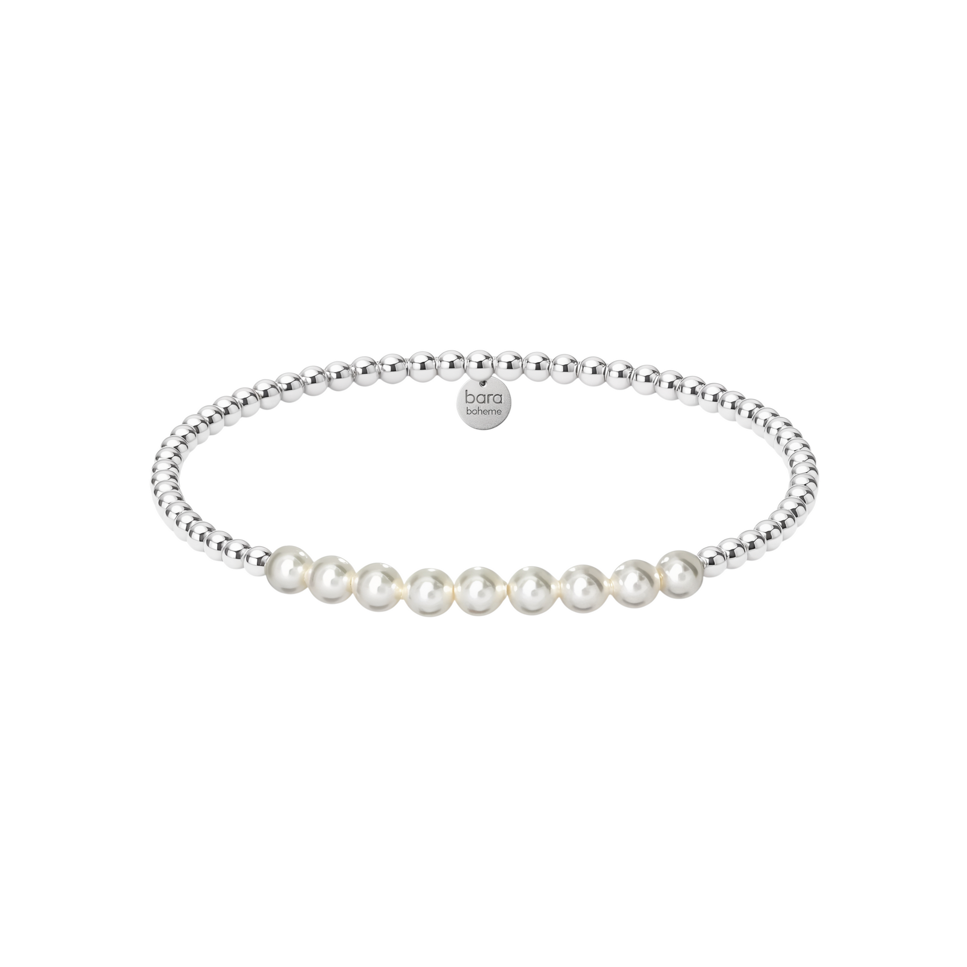 Pearl beaded bracelet with silver beads on a white background