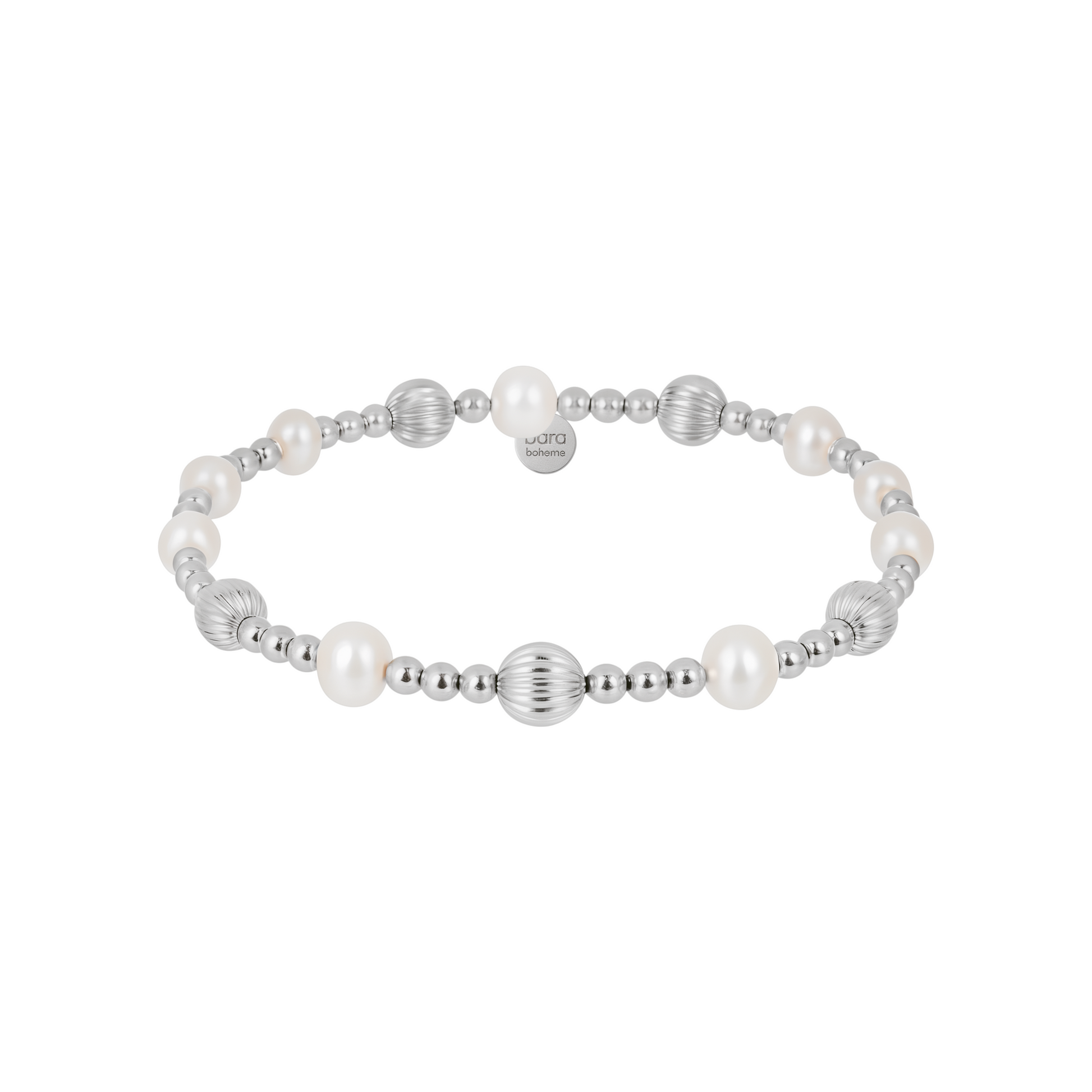Bracelet with alternating silver and pearl beads on a white background