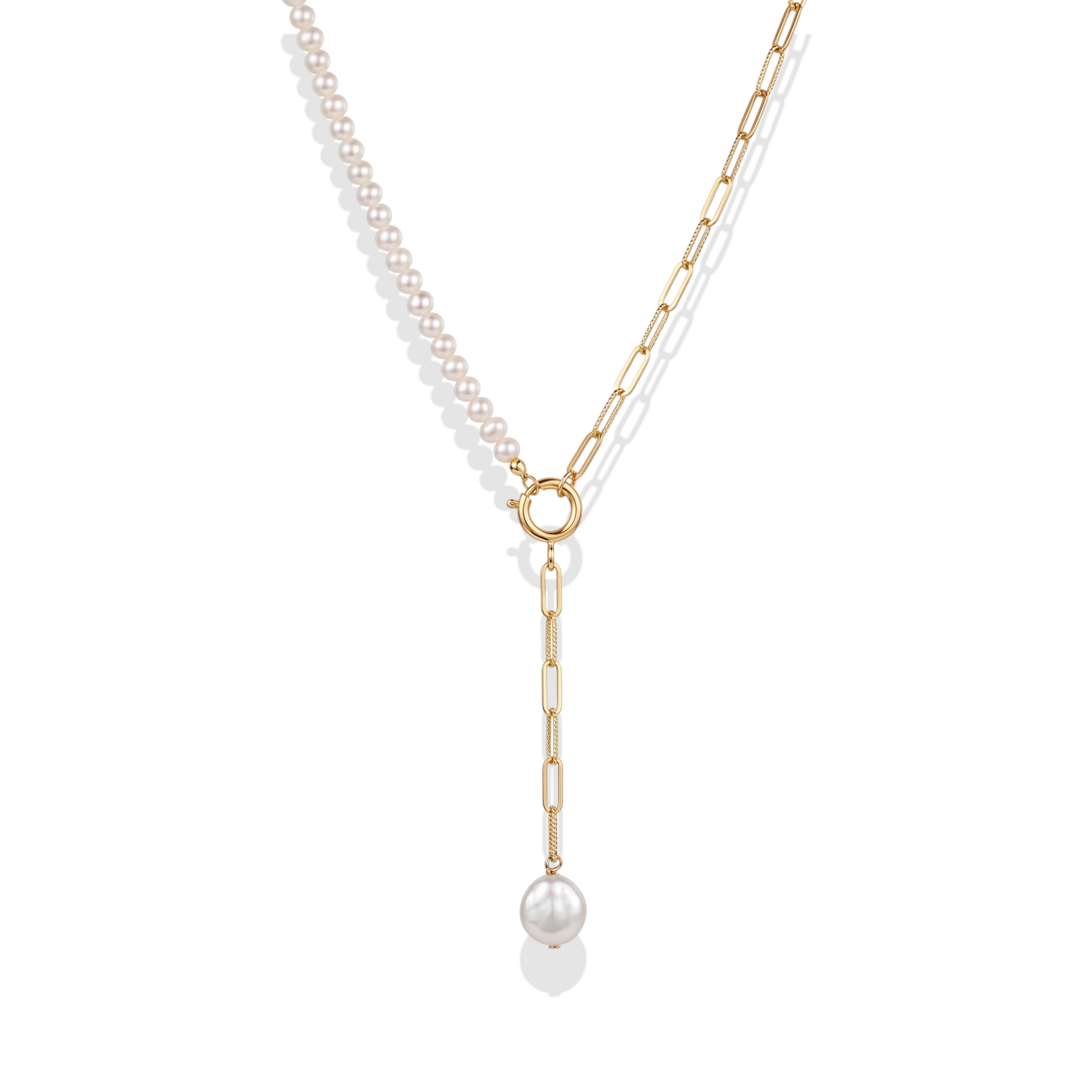 Pearl necklace with gold chain on a white background