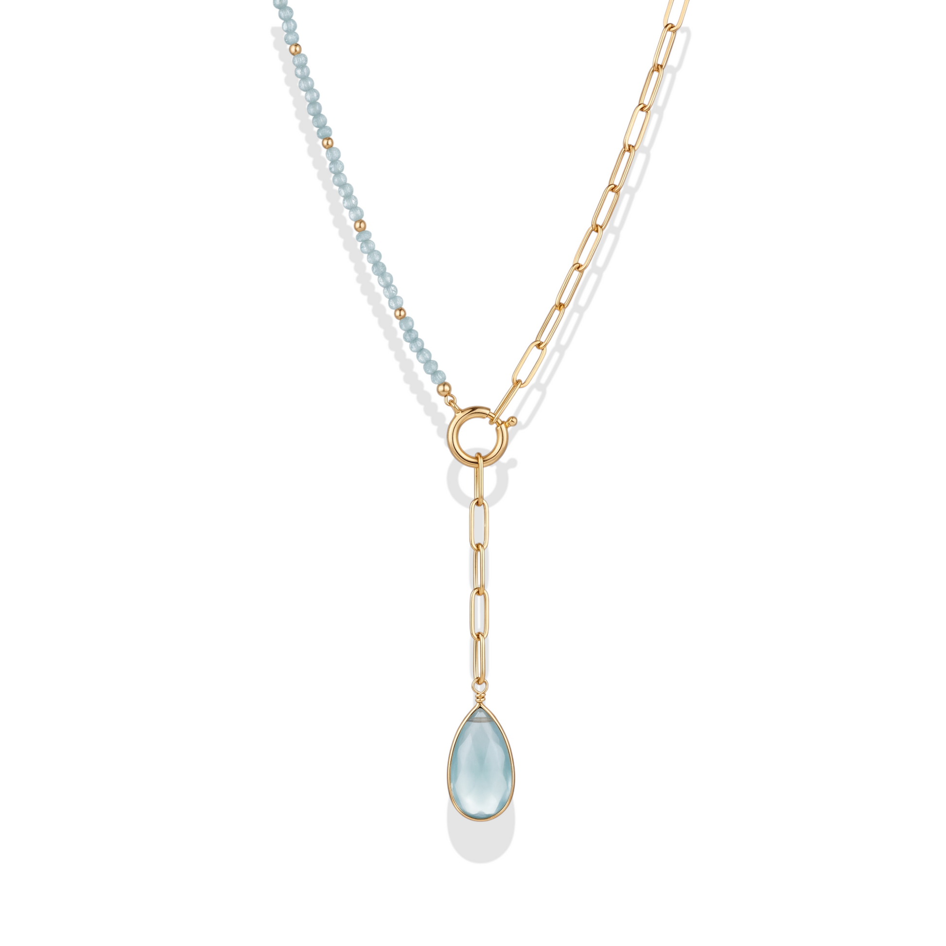 Necklace with a teardrop-shaped pendant on a white background