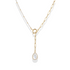 Gold necklace with a teardrop-shaped pearl pendant on a white background