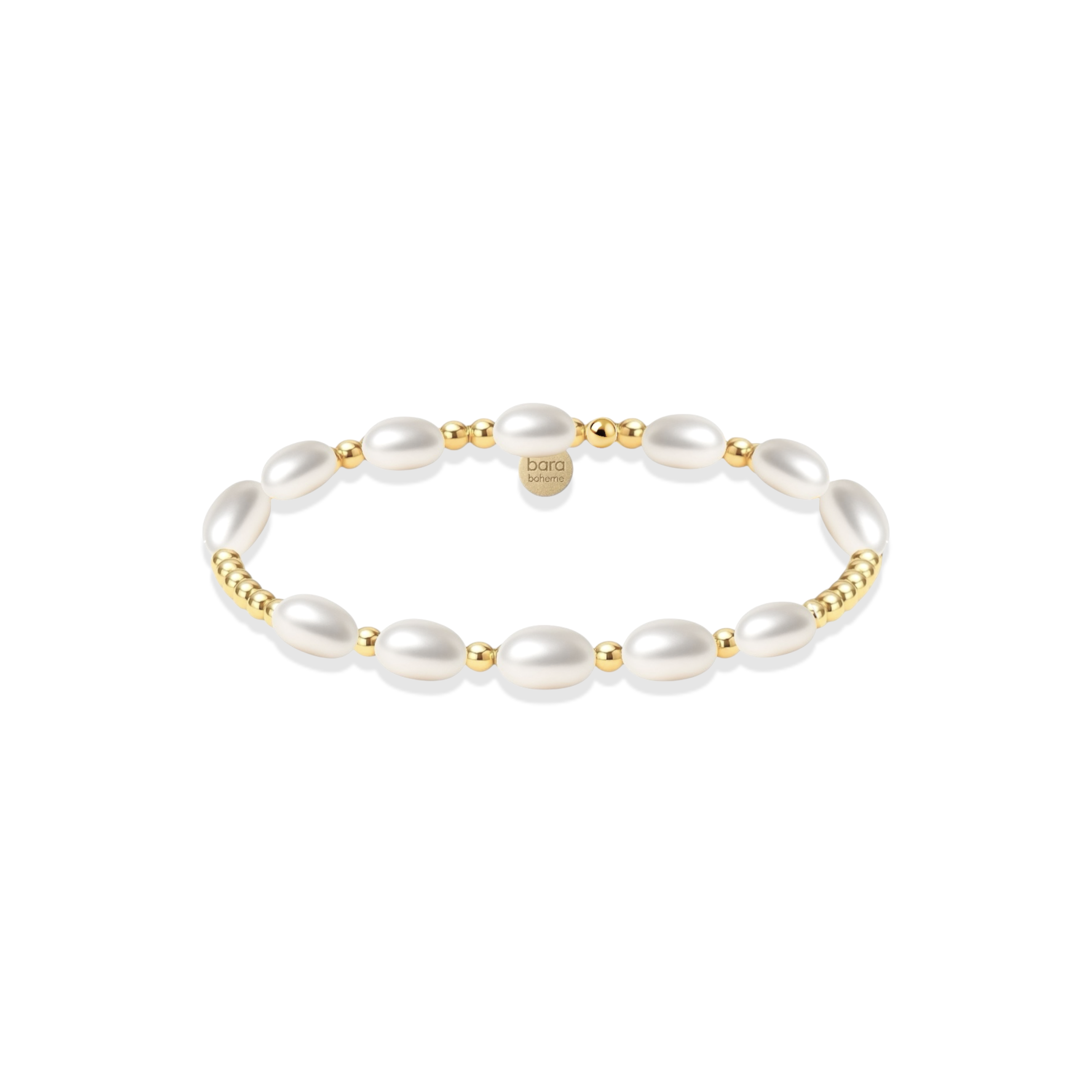 Pearl beaded bracelet with gold accents on a white background